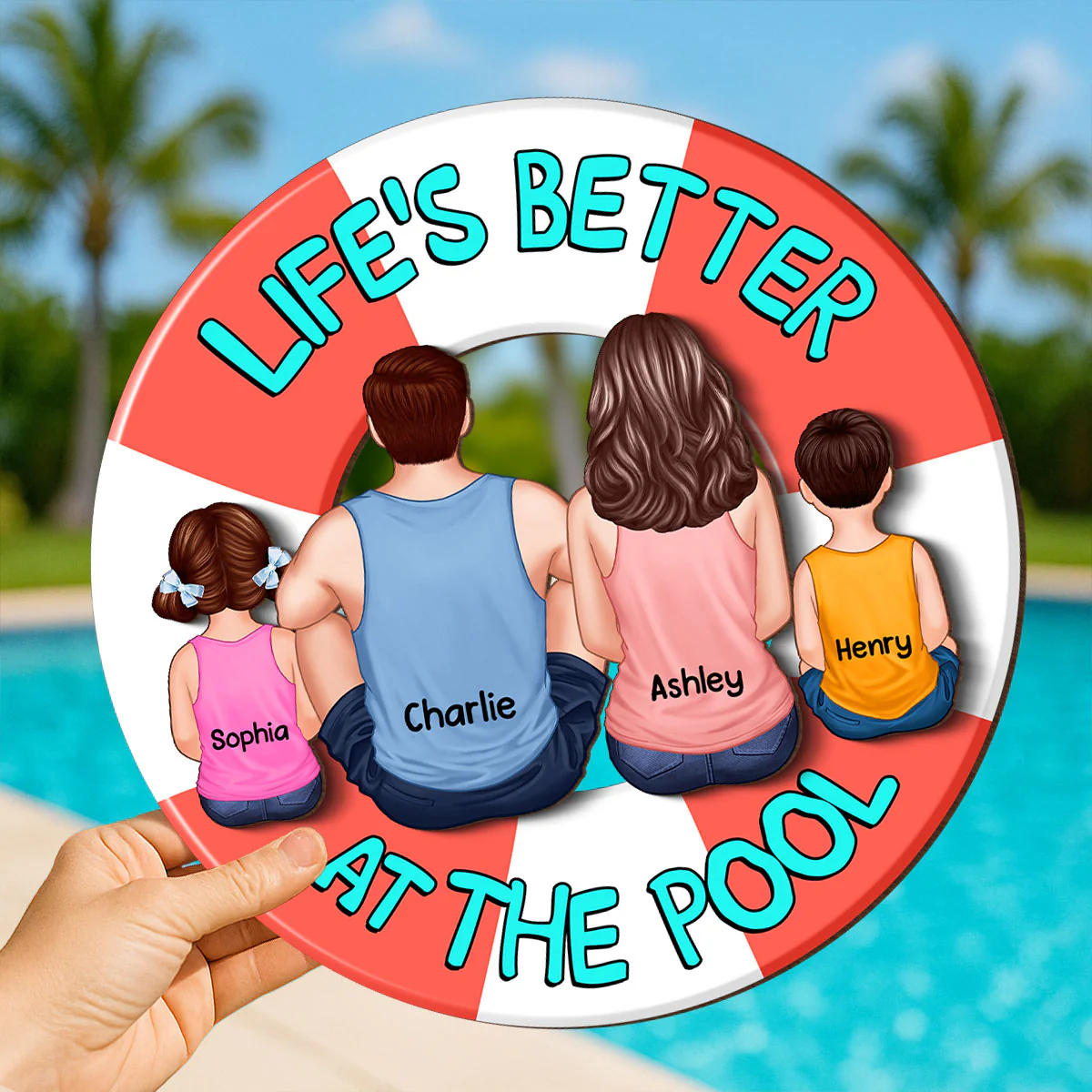 Family Sitting Back View Poolside Swimming Float Personalized 2-Layer Wood Sign - Image 5