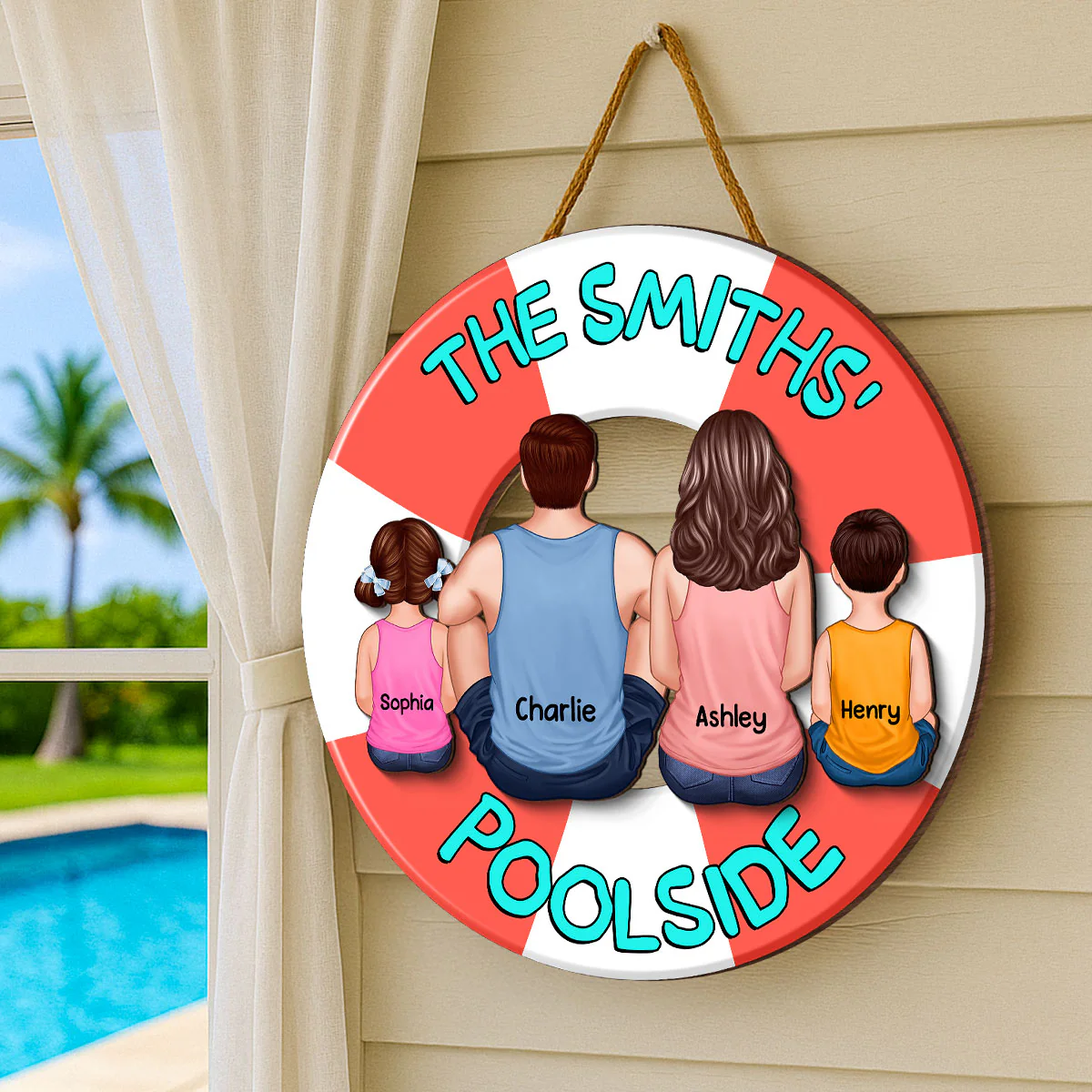 Family Sitting Back View Poolside Swimming Float Personalized 2-Layer Wood Sign - Image 6