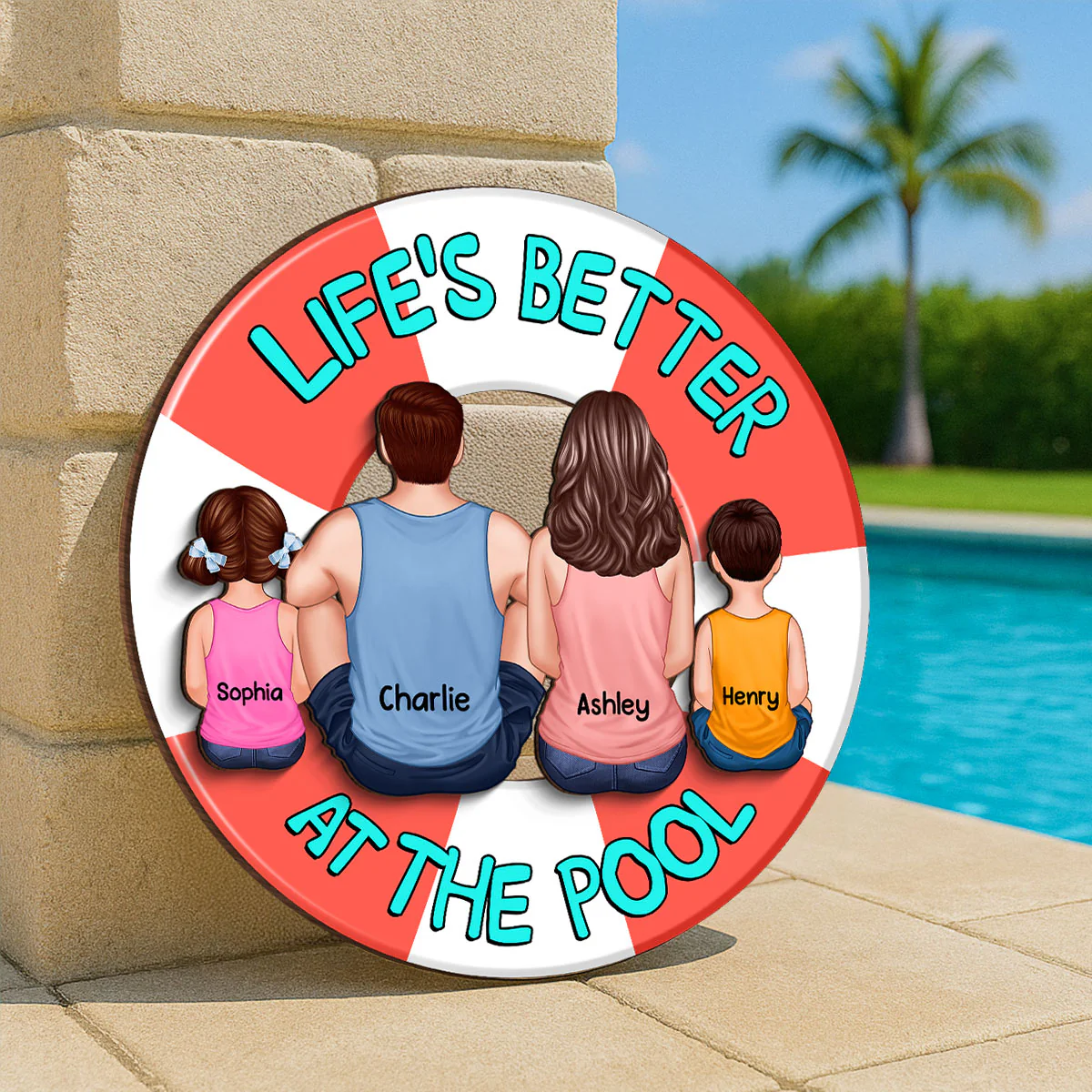 Family Sitting Back View Poolside Swimming Float Personalized 2-Layer Wood Sign - Image 7