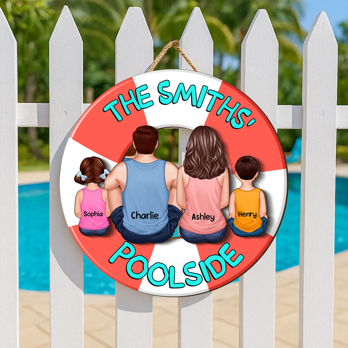 Family Sitting Back View Poolside Swimming Float Personalized 2-Layer Wood Sign - Image 8
