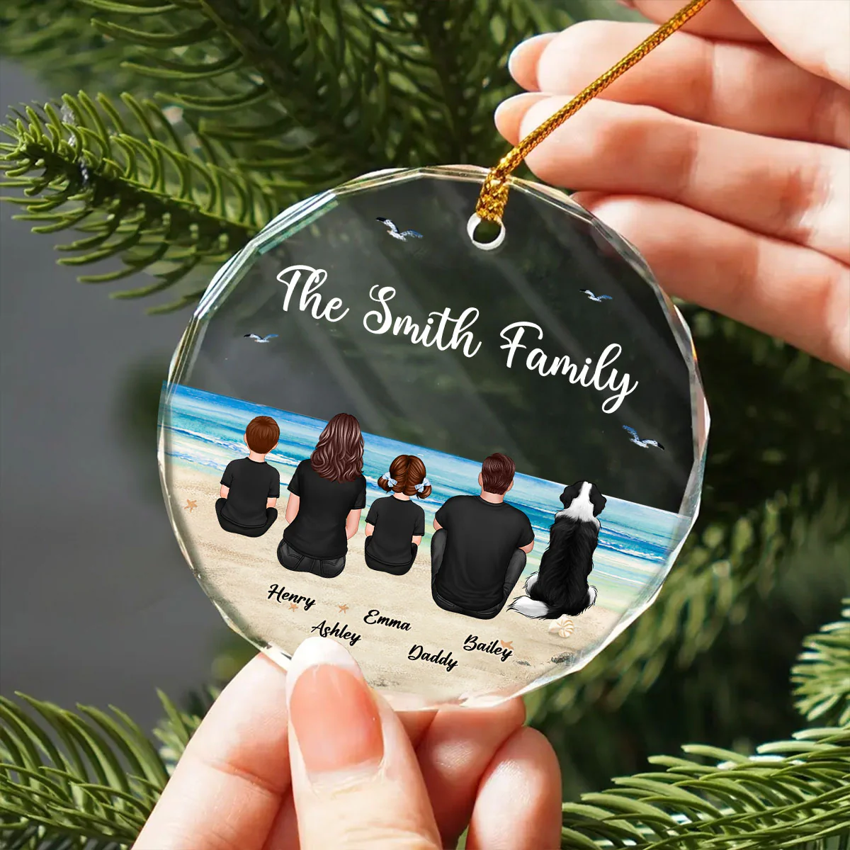 Family Sitting Back View Retro Vintage Beach Landscape Personalized Circle Glass Ornament - Image 2
