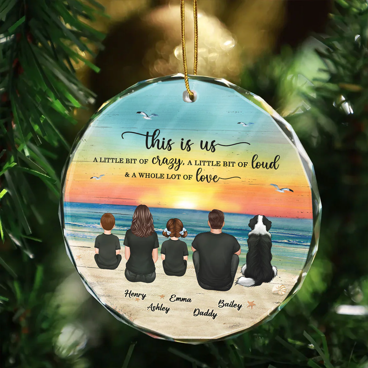 Family Sitting Back View Retro Vintage Beach Landscape Personalized Circle Glass Ornament - Image 3