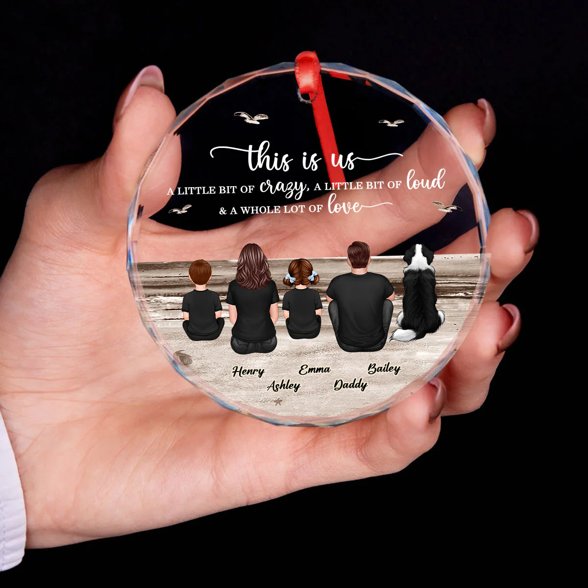 Family Sitting Back View Retro Vintage Beach Landscape Personalized Circle Glass Ornament - Image 4