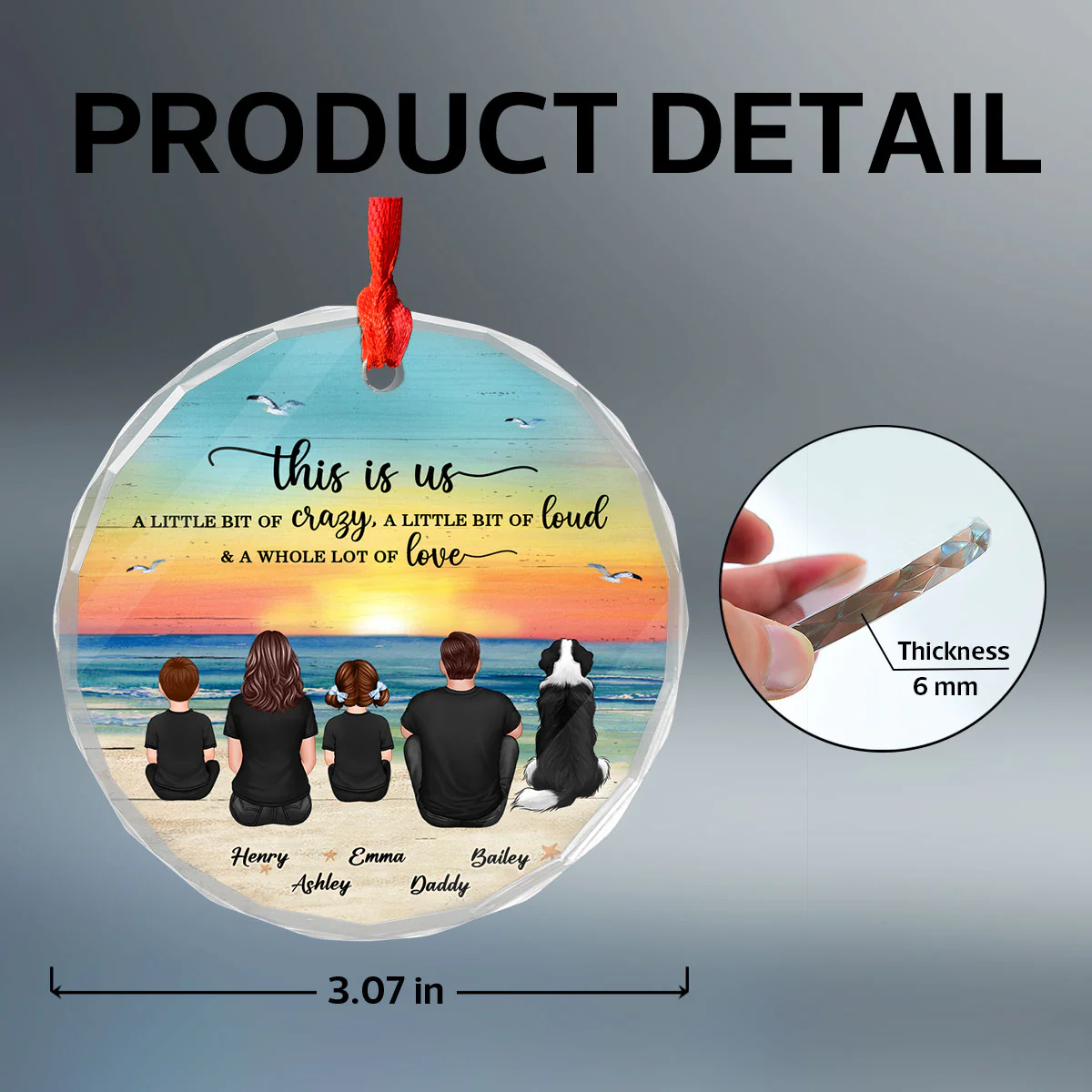 Family Sitting Back View Retro Vintage Beach Landscape Personalized Circle Glass Ornament - Image 7
