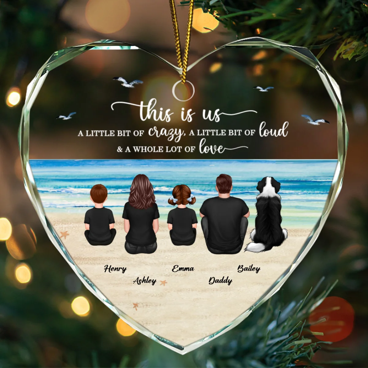Family Sitting Back View Retro Vintage Beach Landscape Personalized Heart Glass Ornament - Image 10