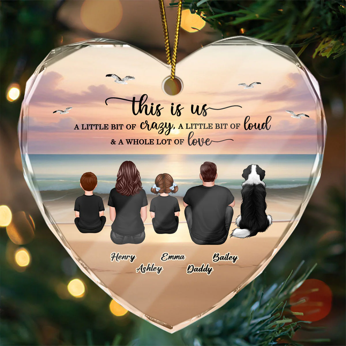 Family Sitting Back View Retro Vintage Beach Landscape Personalized Heart Glass Ornament - Image 2