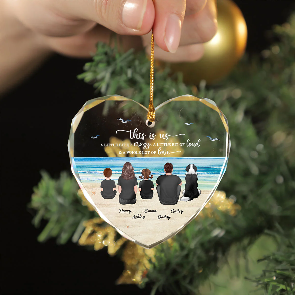 Family Sitting Back View Retro Vintage Beach Landscape Personalized Heart Glass Ornament - Image 4