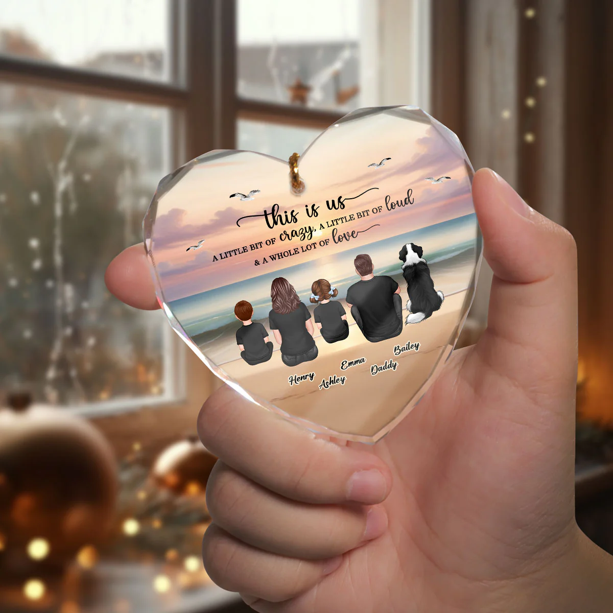 Family Sitting Back View Retro Vintage Beach Landscape Personalized Heart Glass Ornament - Image 5