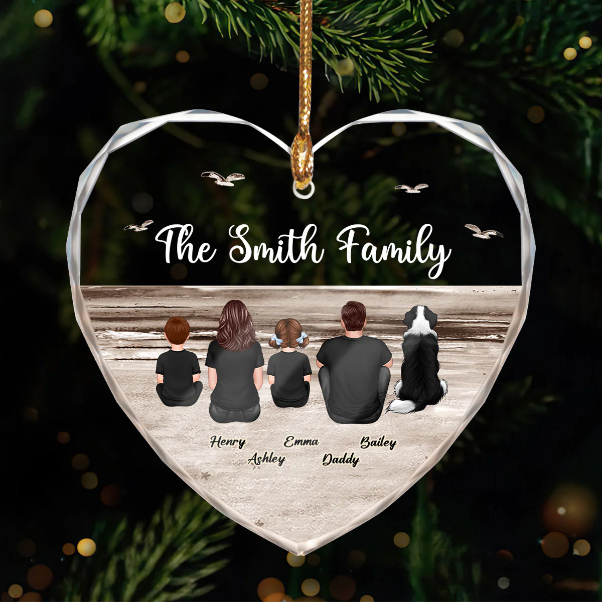 Family Sitting Back View Retro Vintage Beach Landscape Personalized Heart Glass Ornament - Image 6