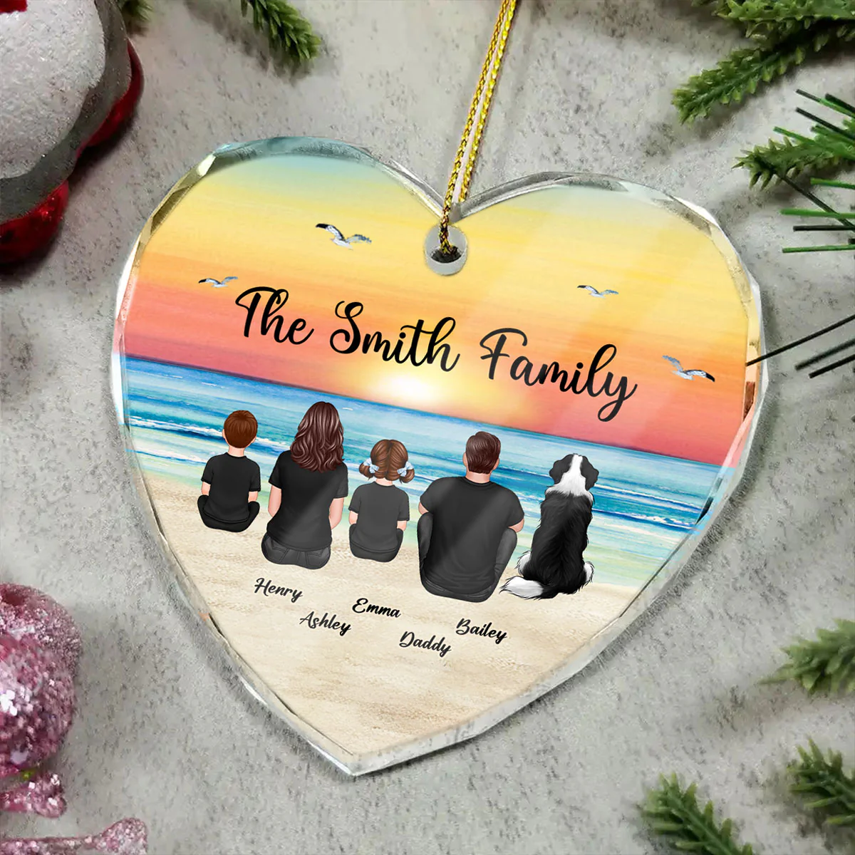 Family Sitting Back View Retro Vintage Beach Landscape Personalized Heart Glass Ornament - Image 7