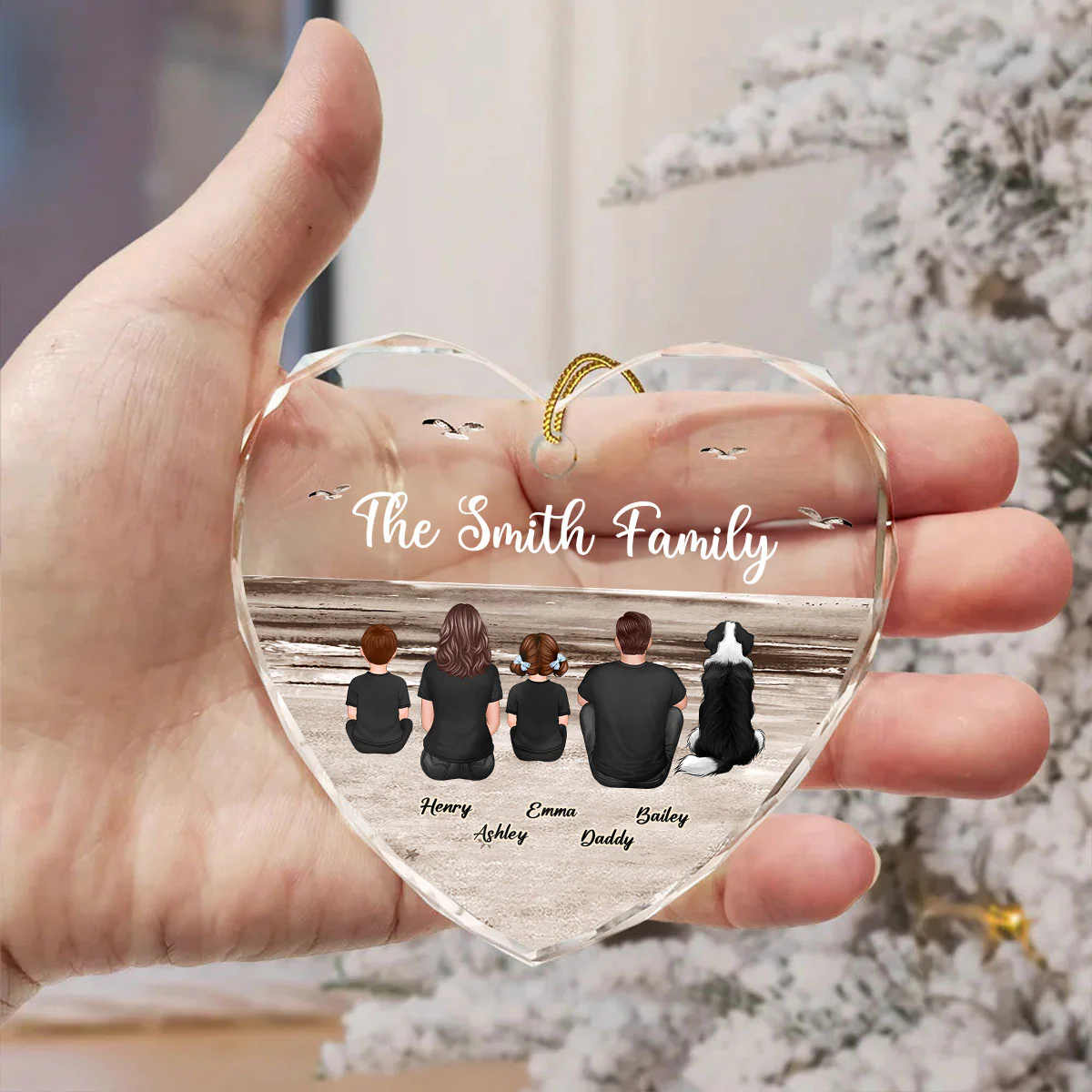 Family Sitting Back View Retro Vintage Beach Landscape Personalized Heart Glass Ornament - Image 8