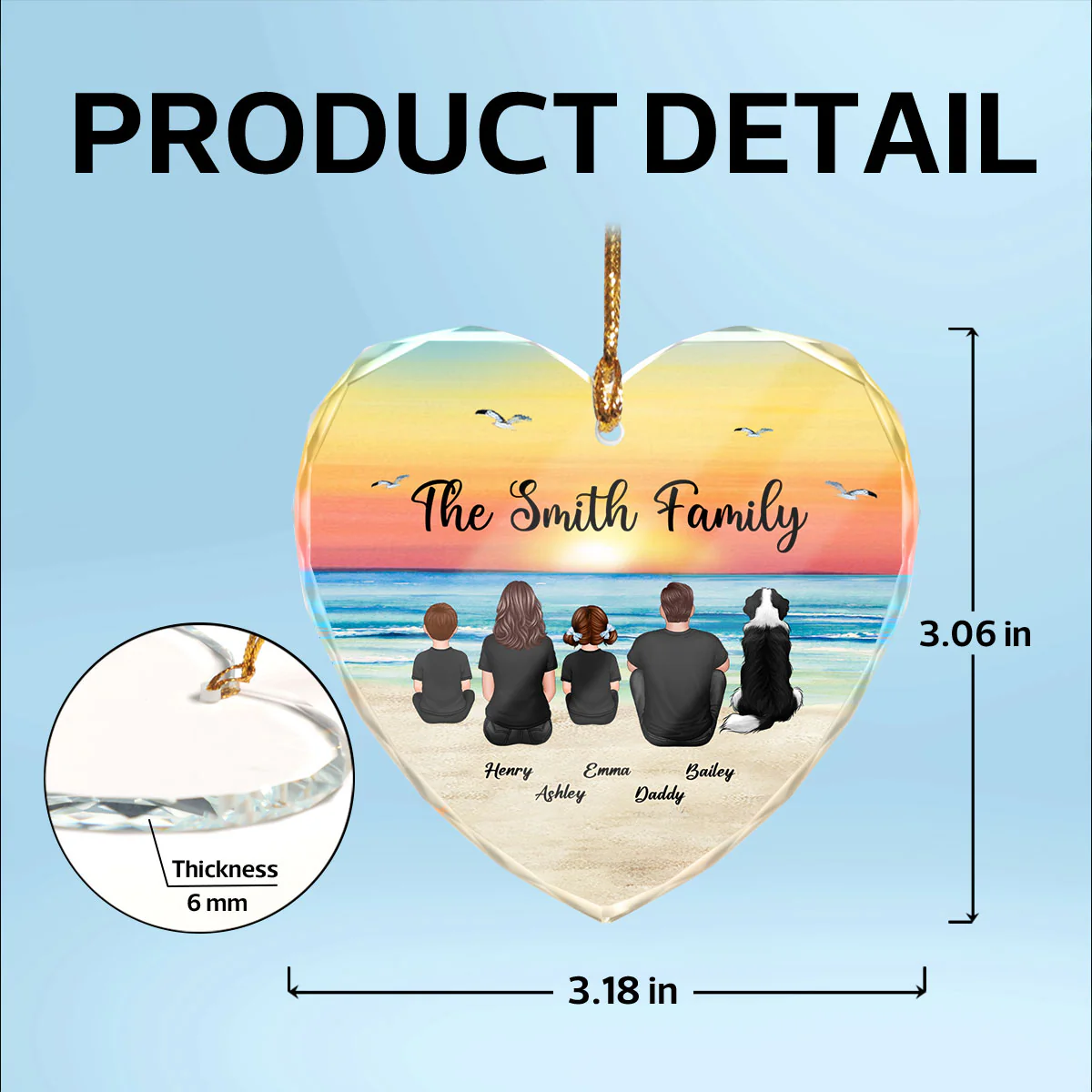 Family Sitting Back View Retro Vintage Beach Landscape Personalized Heart Glass Ornament - Image 9