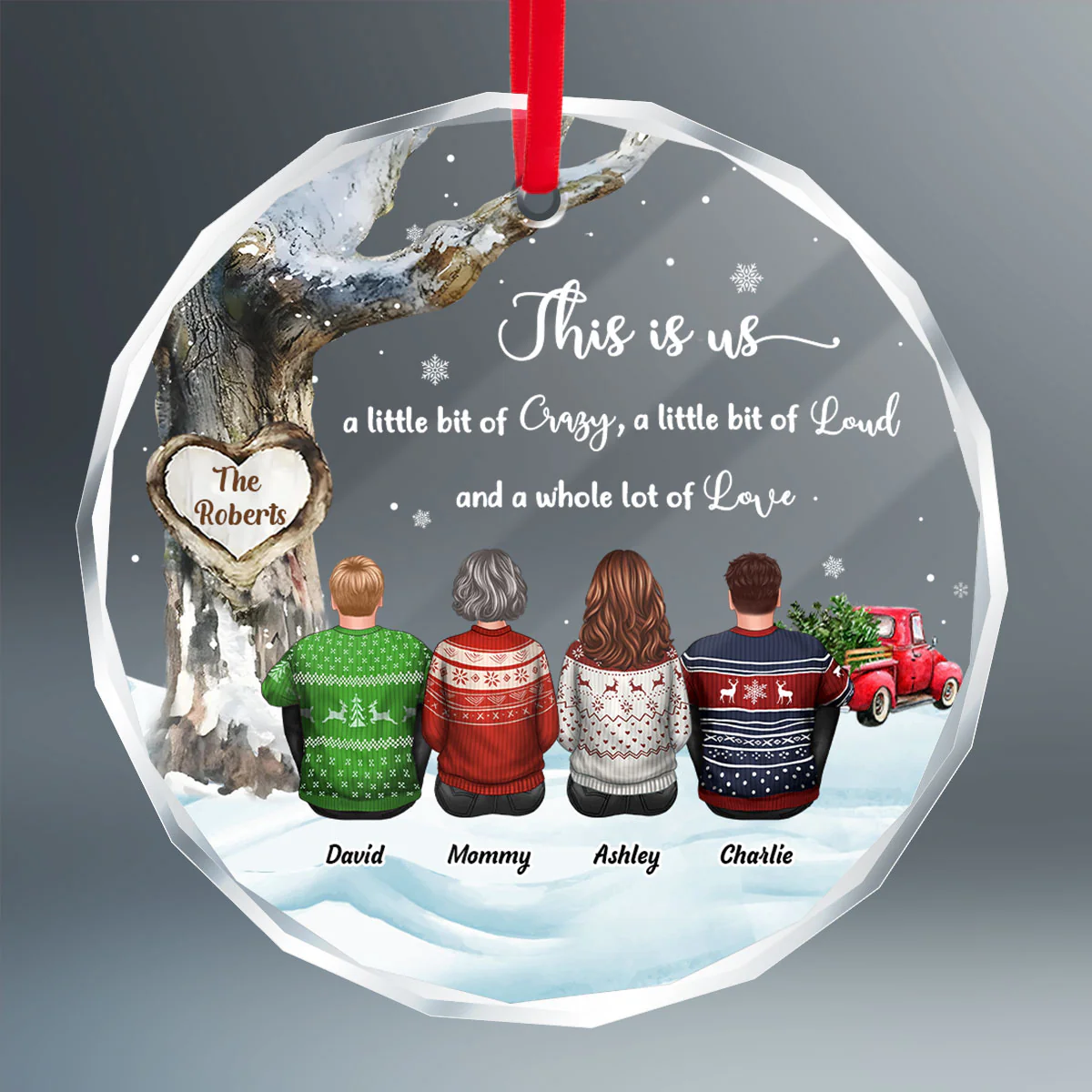Family Sitting Back View Under Tree Red Truck Winter Personalized Glass Ornament - Image 2