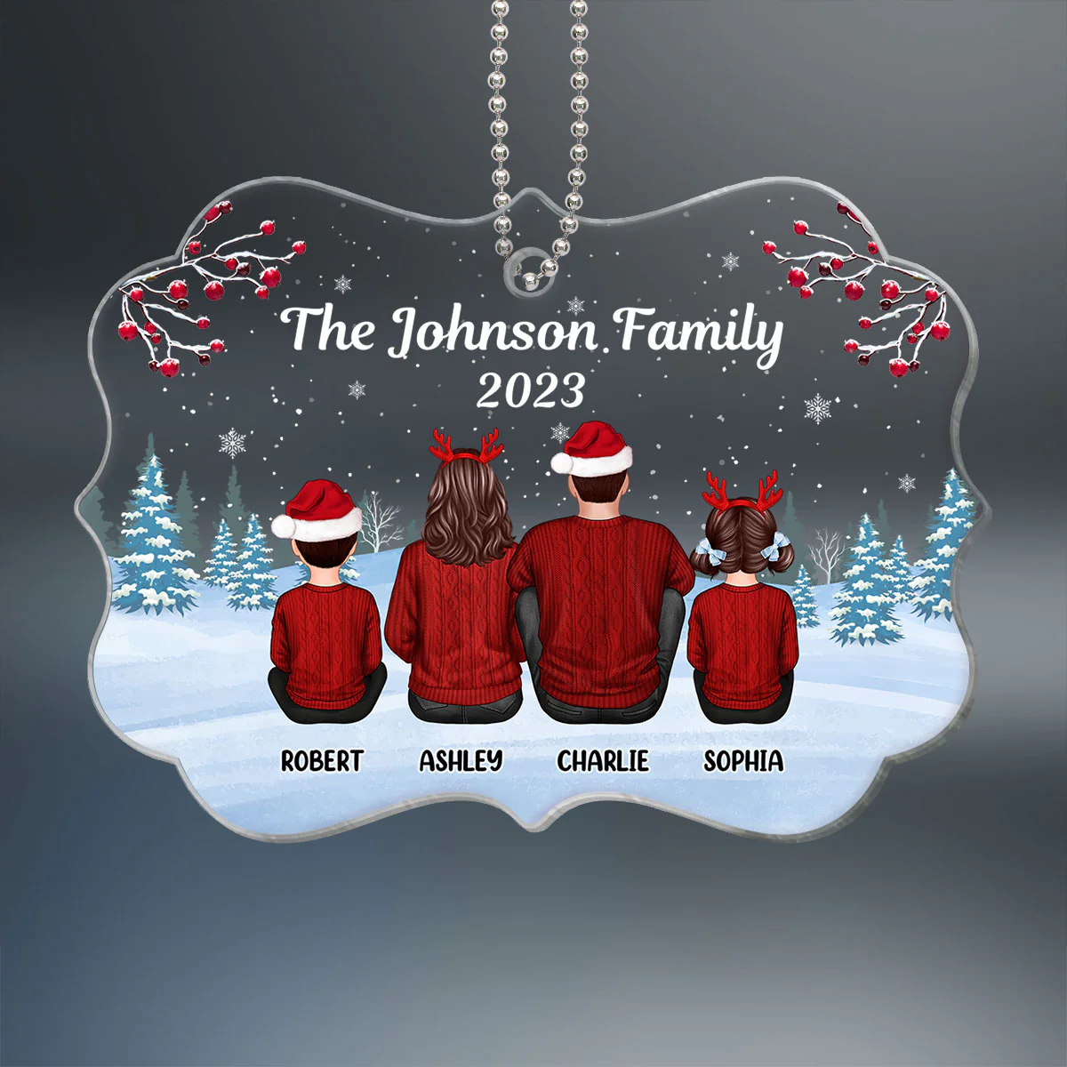 Family Sitting Back View Winter Background Personalized Acrylic Ornament - Image 2