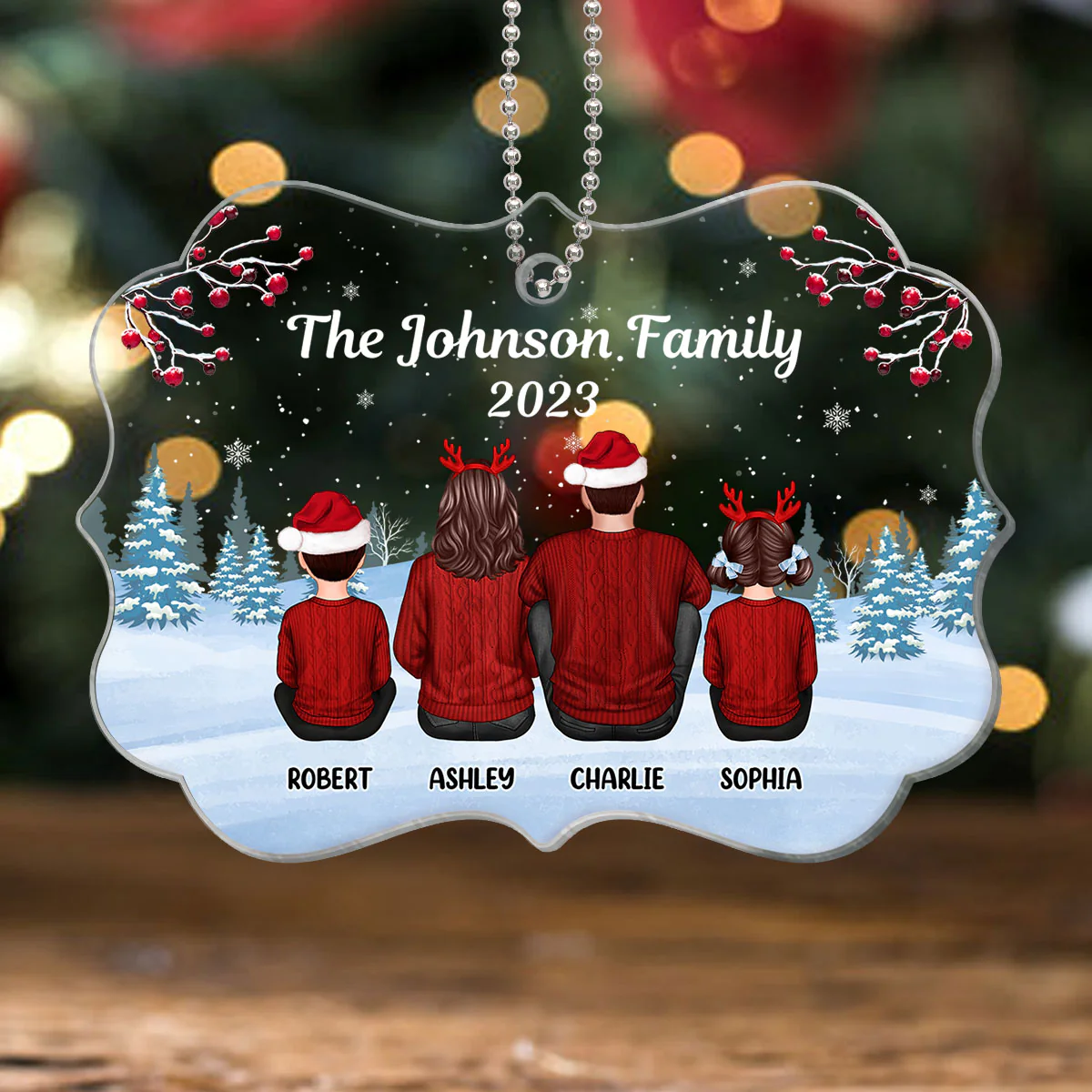 Family Sitting Back View Winter Background Personalized Acrylic Ornament - Image 3