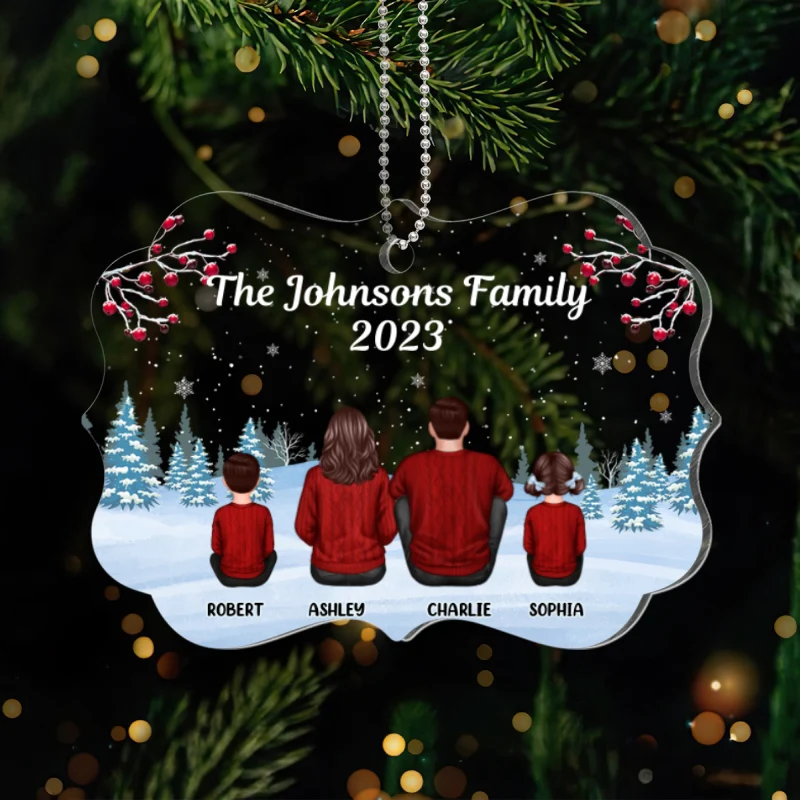 Family Sitting Back View Winter Background Personalized Acrylic Ornament - Image 4