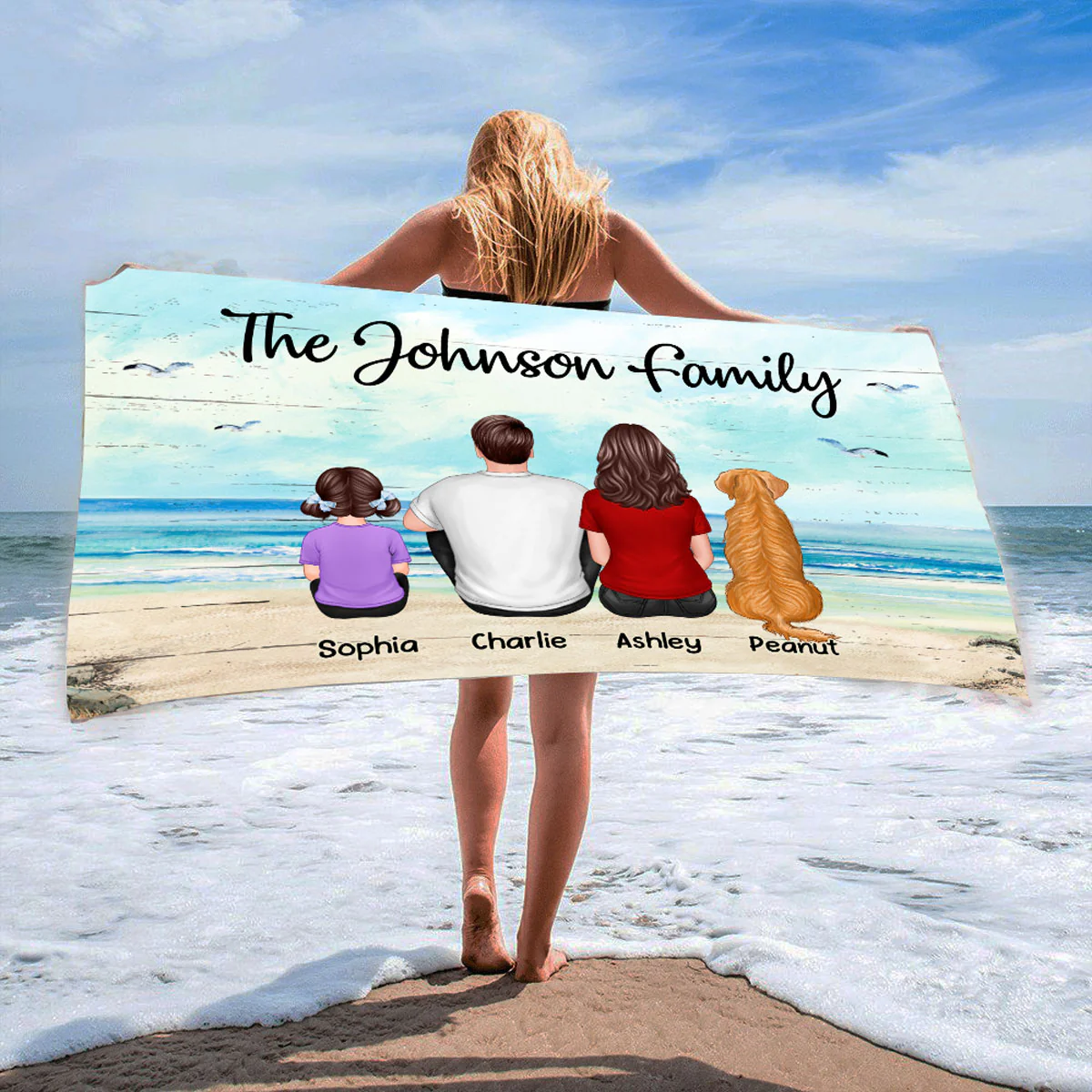 Family Sitting Beach Landscape Personalized Beach Towel - Image 2