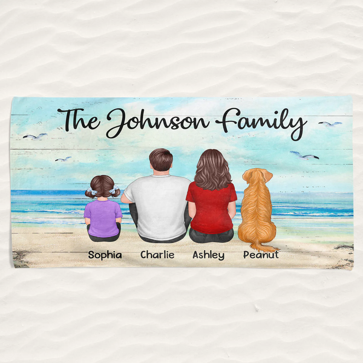 Family Sitting Beach Landscape Personalized Beach Towel - Image 3