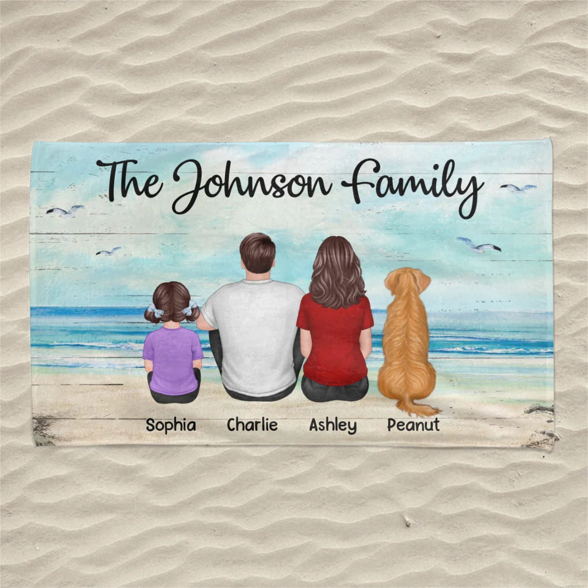 Family Sitting Beach Landscape Personalized Beach Towel - Image 4