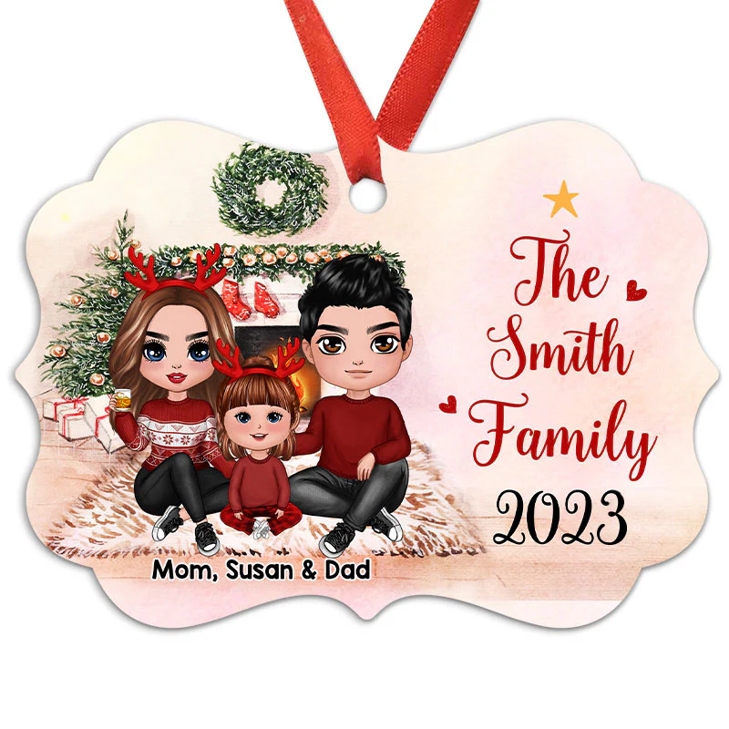 Family Sitting Beside Fireplace Personalized Christmas Ornament