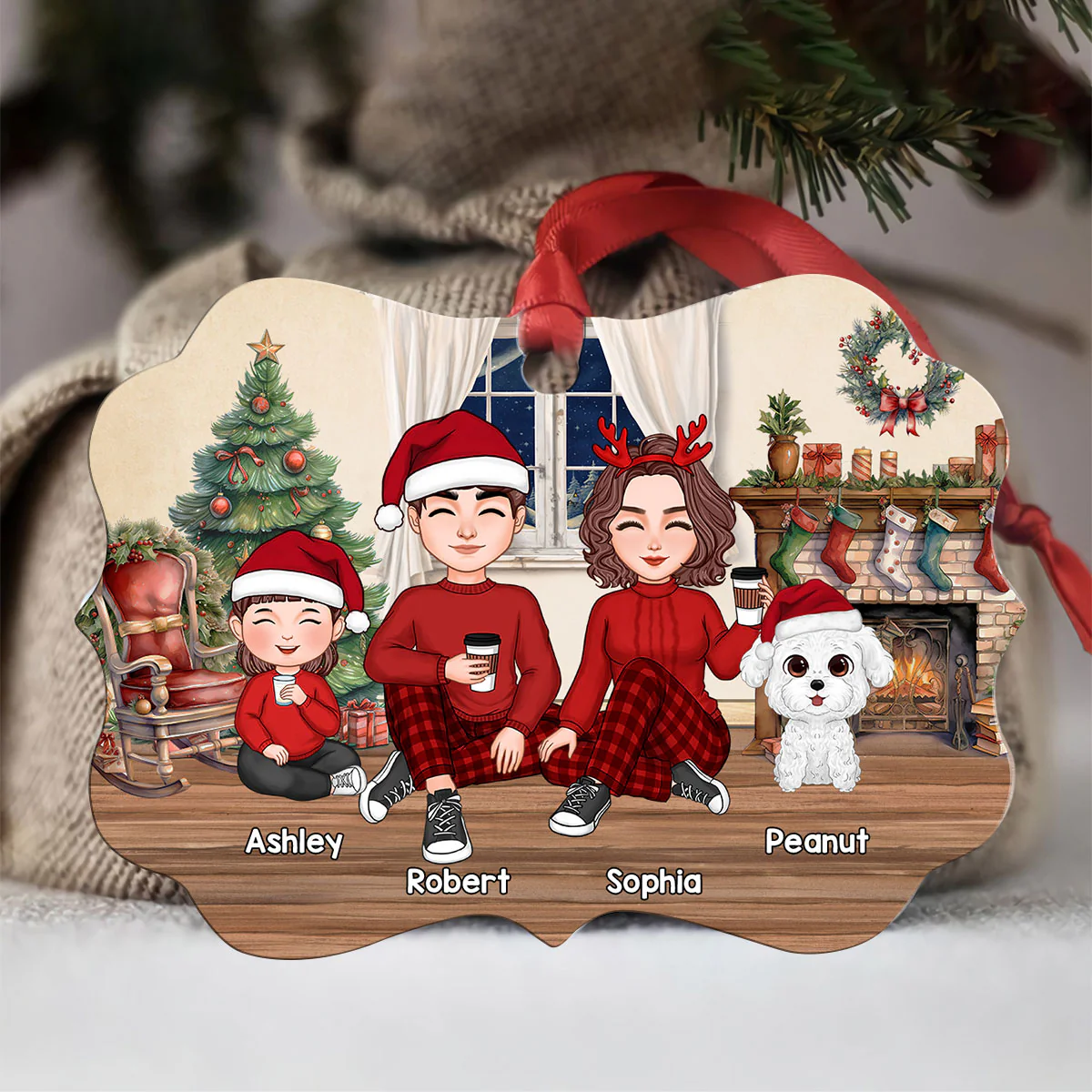 Family Sitting By The Chimney Personalized Aluminum Ornament - Image 3