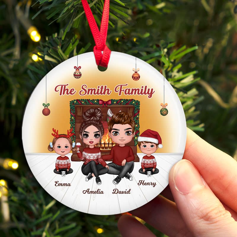 Family Sitting By The Fireplace Personalized Circle Ornament - Image 2