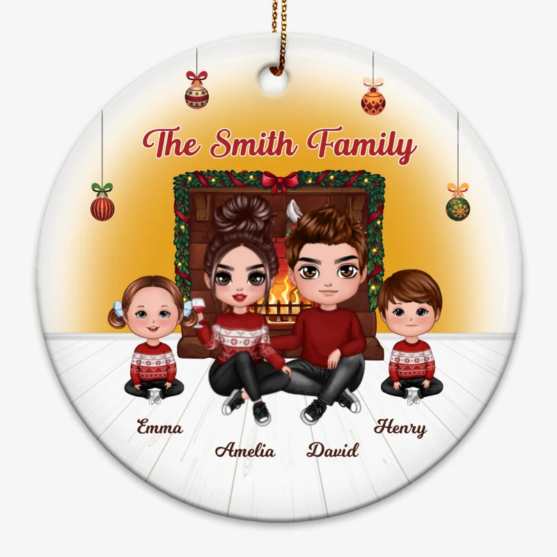 Family Sitting By The Fireplace Personalized Circle Ornament - Image 3
