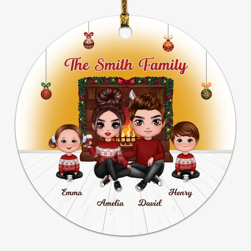 Family Sitting By The Fireplace Personalized Circle Ornament - Image 4