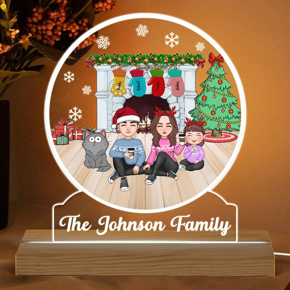 Family Sitting By The Fireplace Personalized Acrylic Custom Shape LED Night Light - Image 2