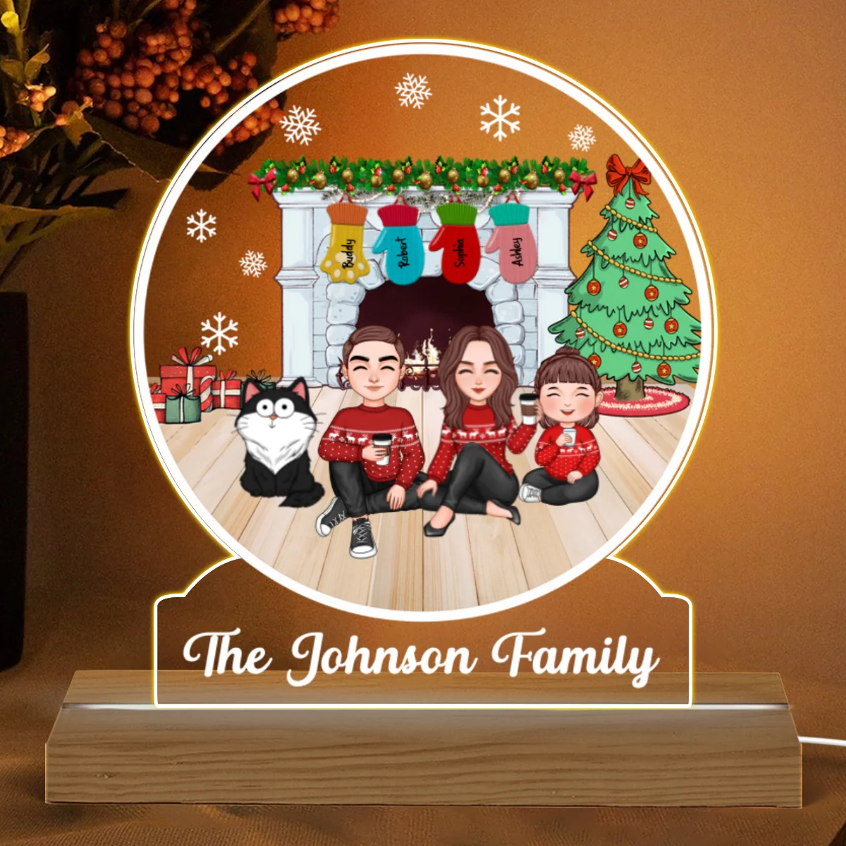 Family Sitting By The Fireplace Personalized Acrylic Custom Shape LED Night Light - Image 5