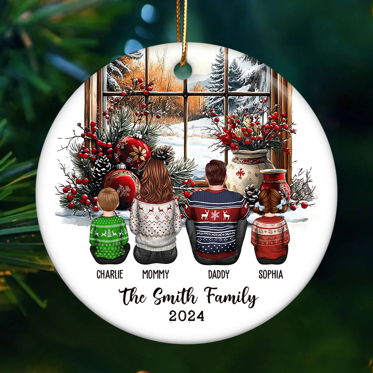 Family Sitting By The Window Personalized Ceramic Ornament, Christmas Gift for Siblings - Image 2