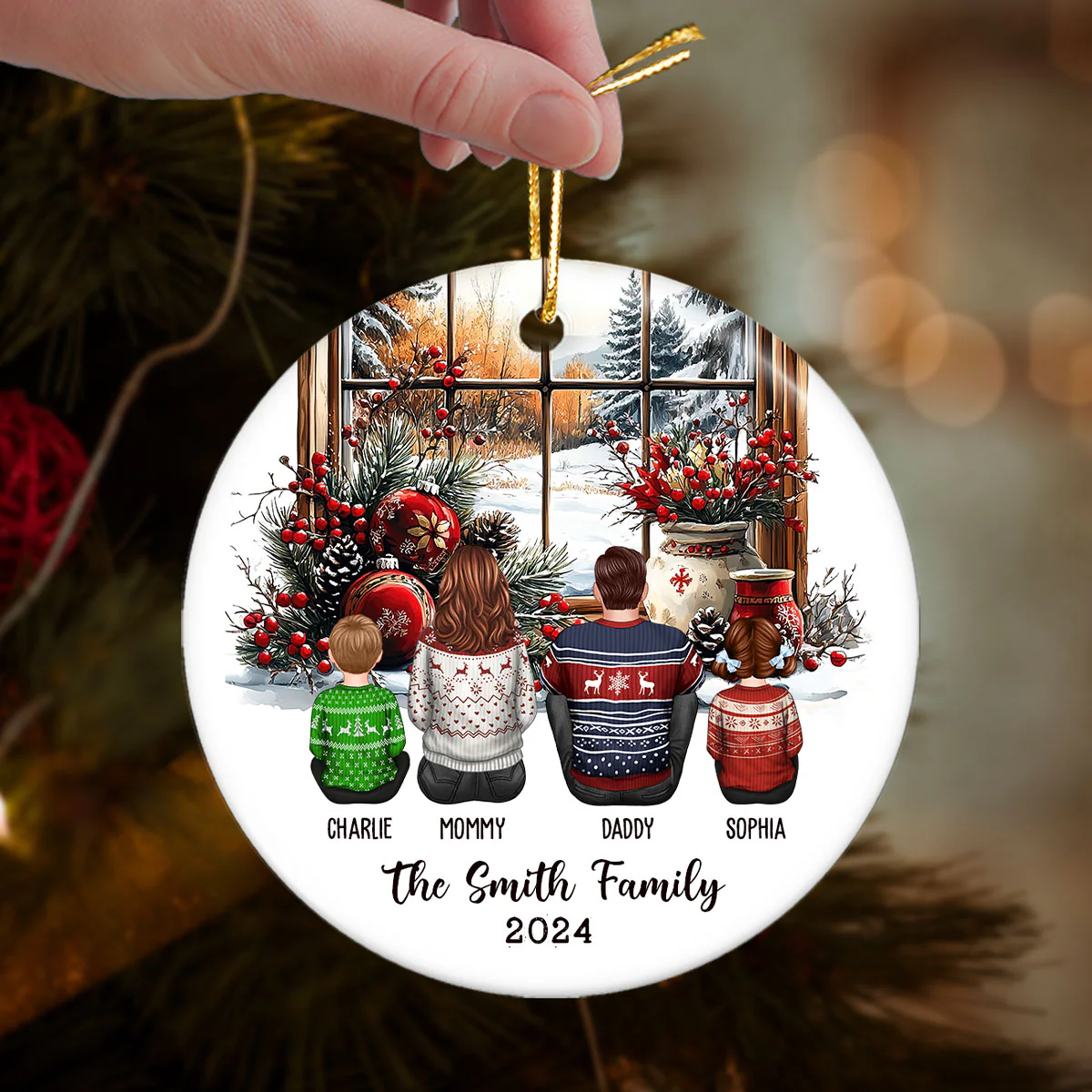 Family Sitting By The Window Personalized Ceramic Ornament, Christmas Gift for Siblings - Image 3