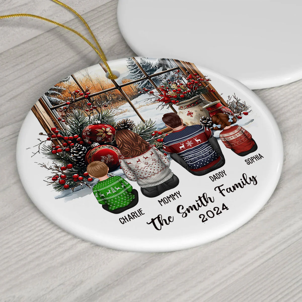 Family Sitting By The Window Personalized Ceramic Ornament, Christmas Gift for Siblings - Image 9