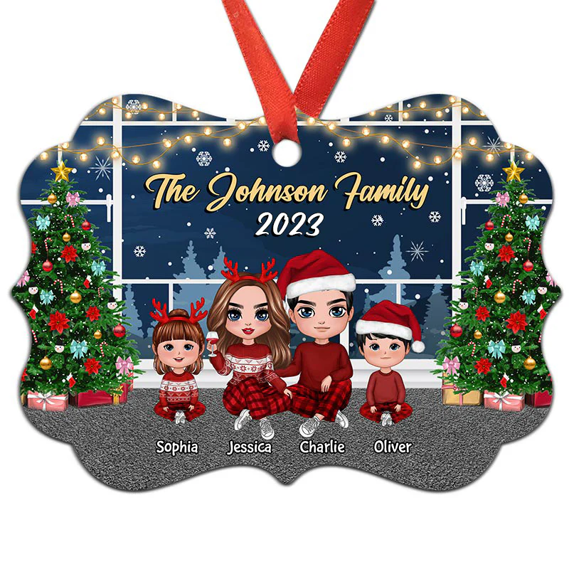 Family Sitting By Window Christmas Night Personalized Ornament