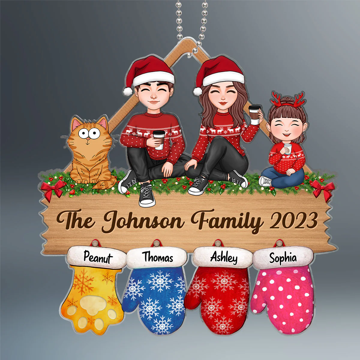 Family Sitting Christmas Glove Personalized Acrylic Ornament - Image 2
