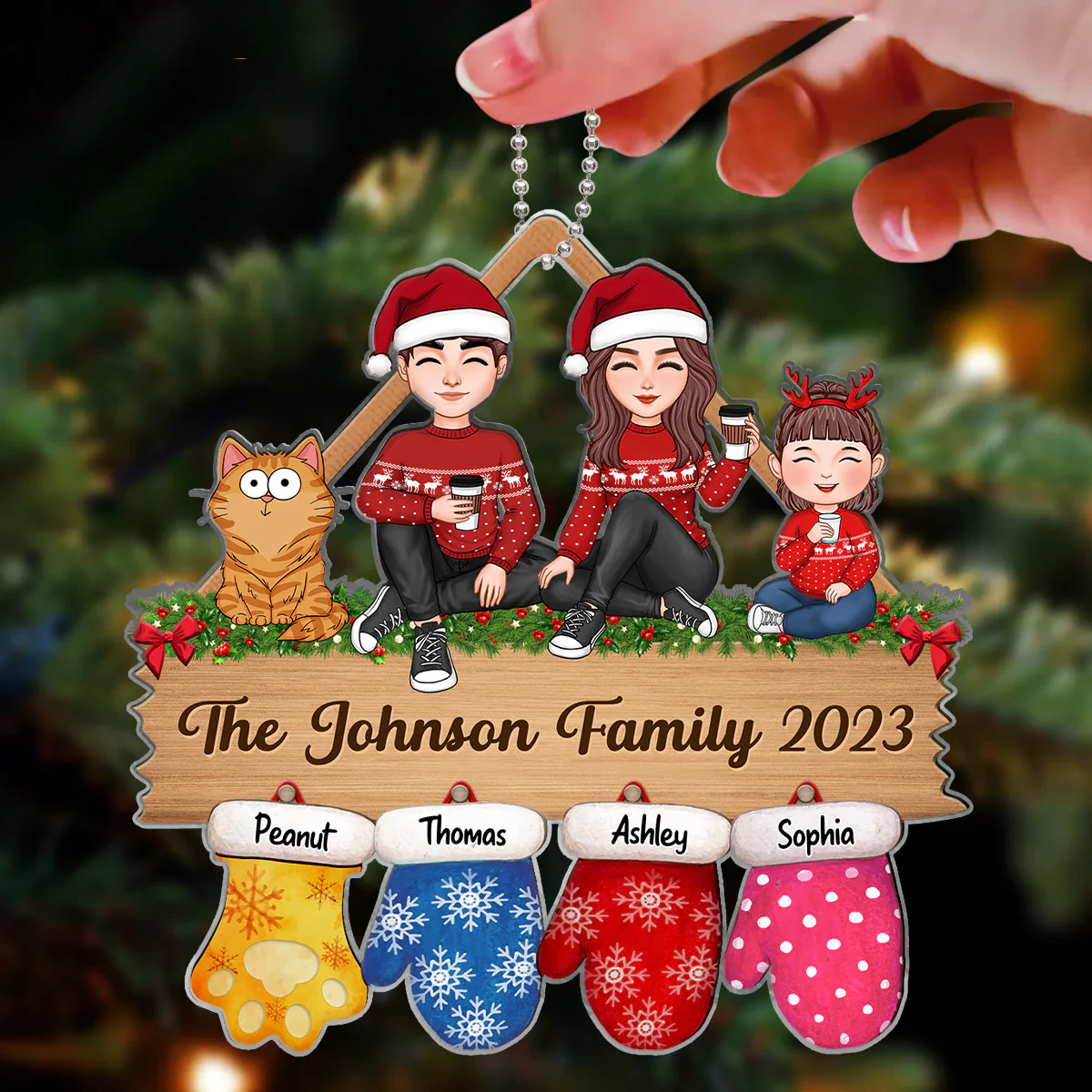 Family Sitting Christmas Glove Personalized Acrylic Ornament - Image 3