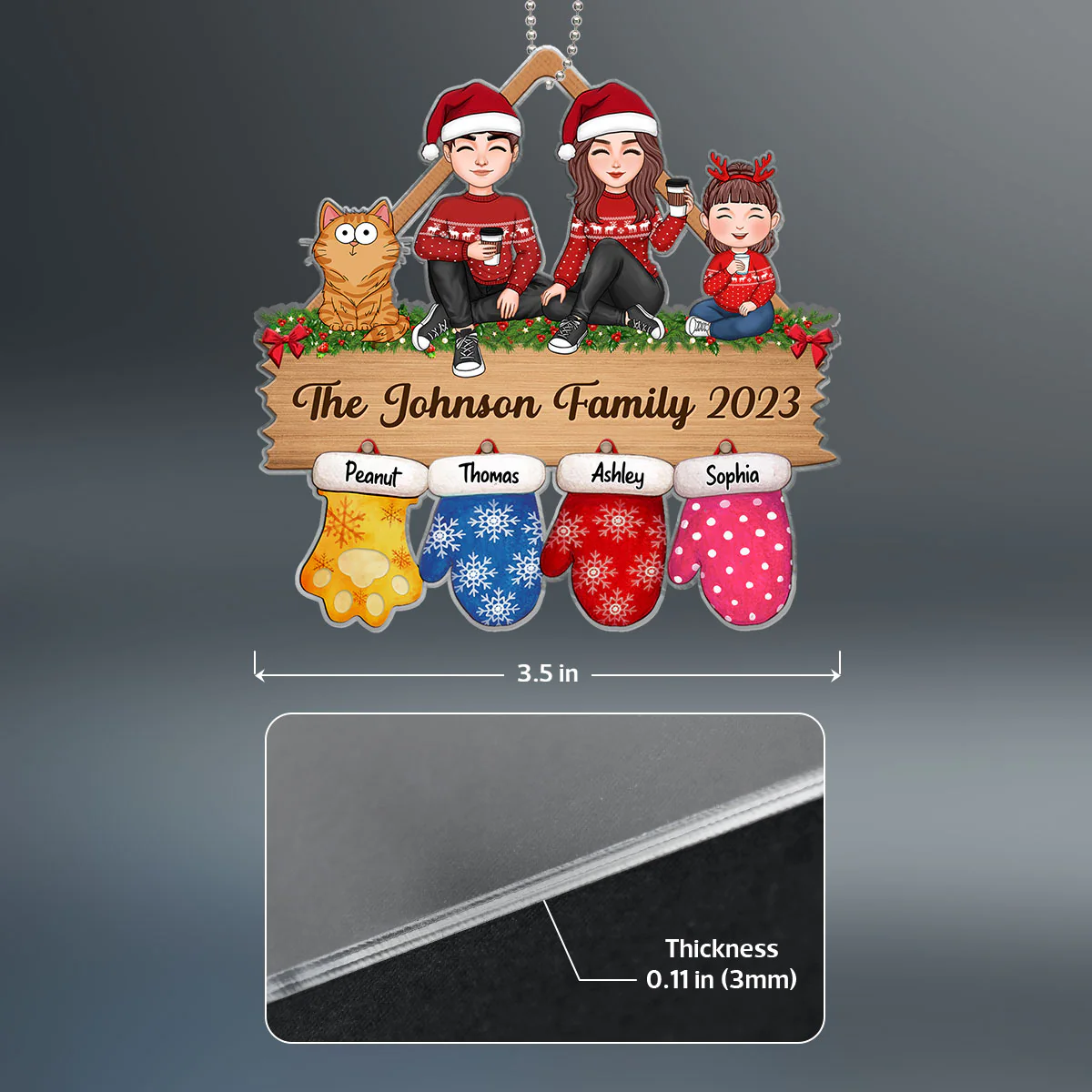 Family Sitting Christmas Glove Personalized Acrylic Ornament - Image 4