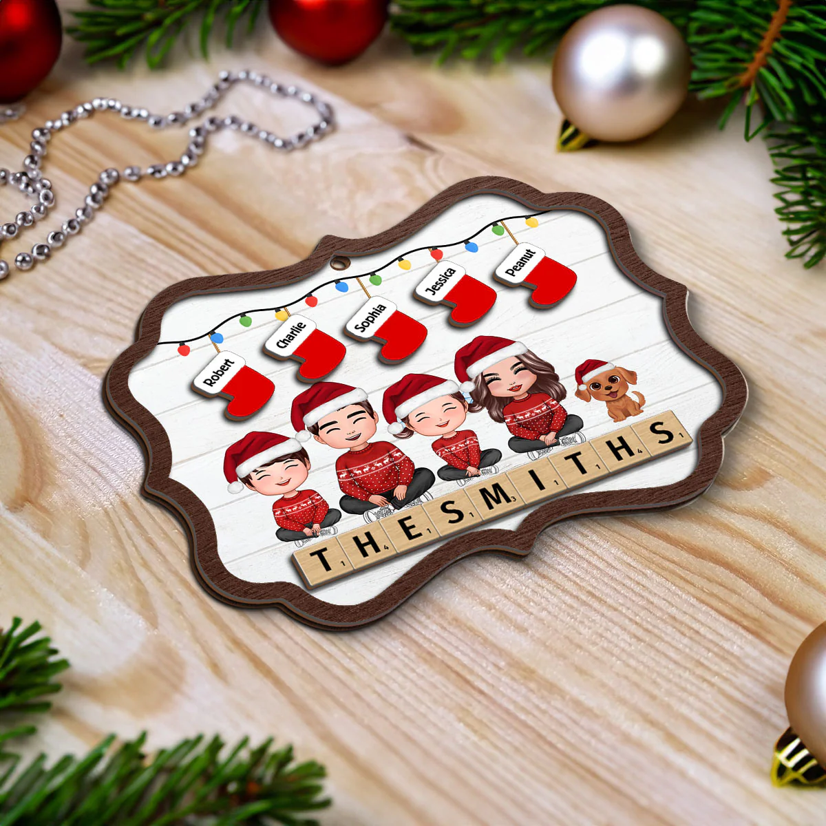 Family Sitting Christmas Stocking Wooden Blocks Personalized 2-Layer Wooden Ornament - Image 7