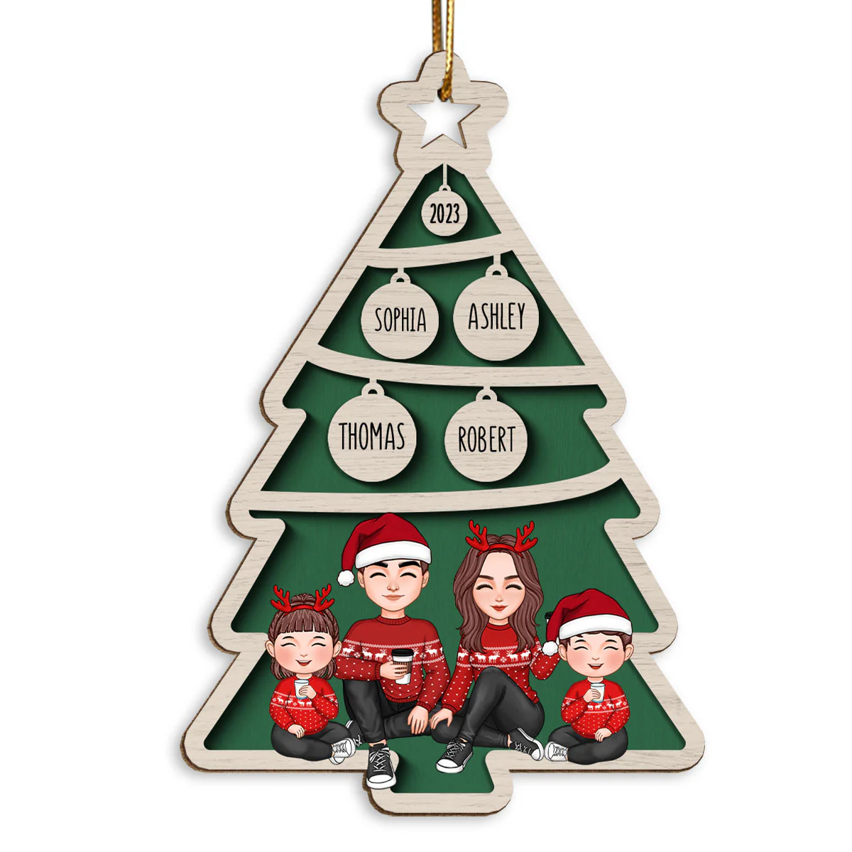 Family Sitting Christmas Tree Bauble Personalized Wooden Ornament