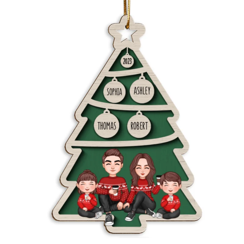 Family Sitting Christmas Tree Bauble Personalized Wooden Ornament - Image 5