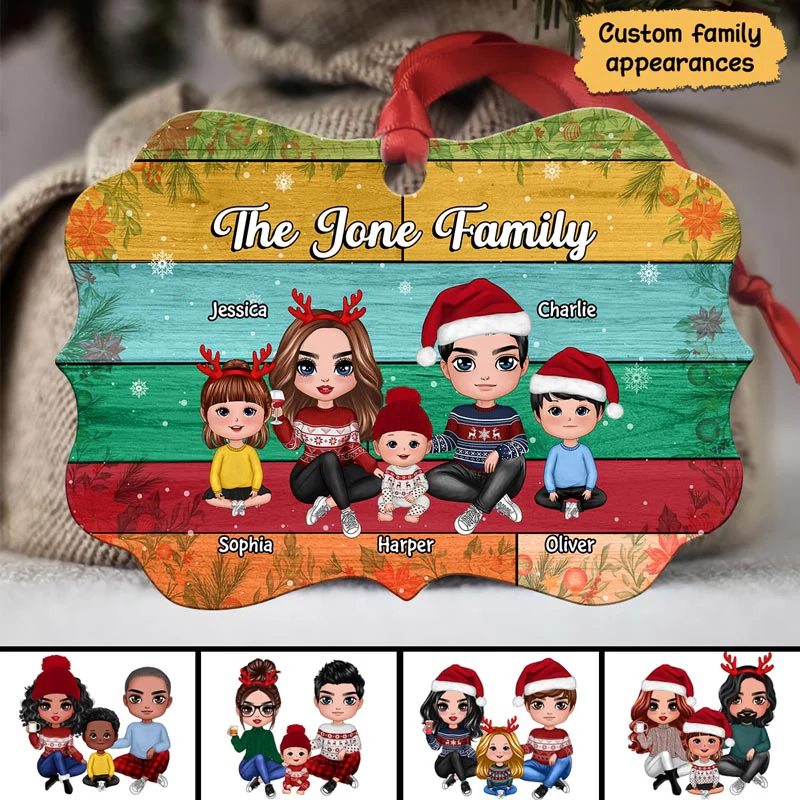 Family Sitting Colorful Plank Personalized Christmas Ornament - Image 2