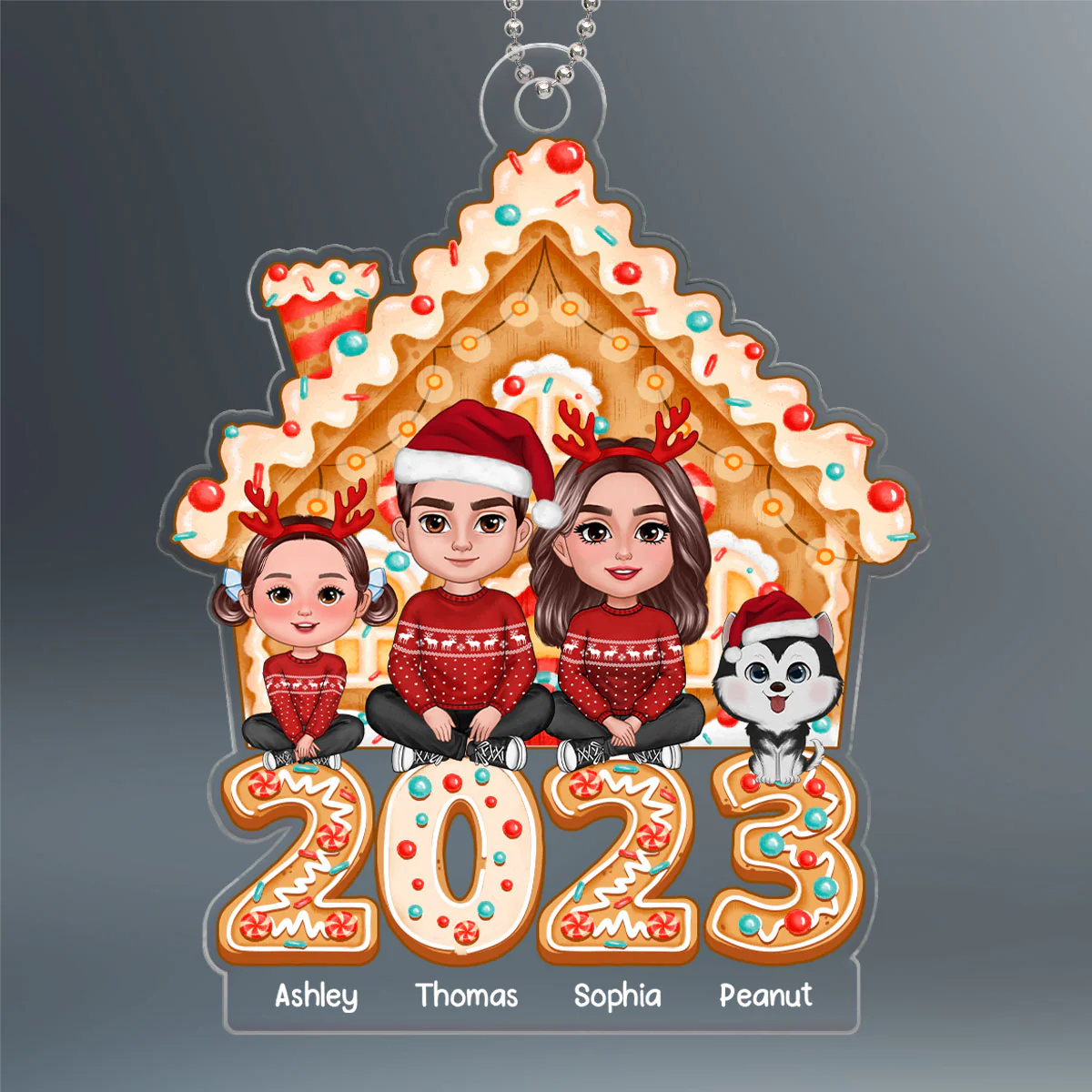 Family Sitting Crossed Legs Gingerbread House 2023 Personalized Acrylic Ornament - Image 2