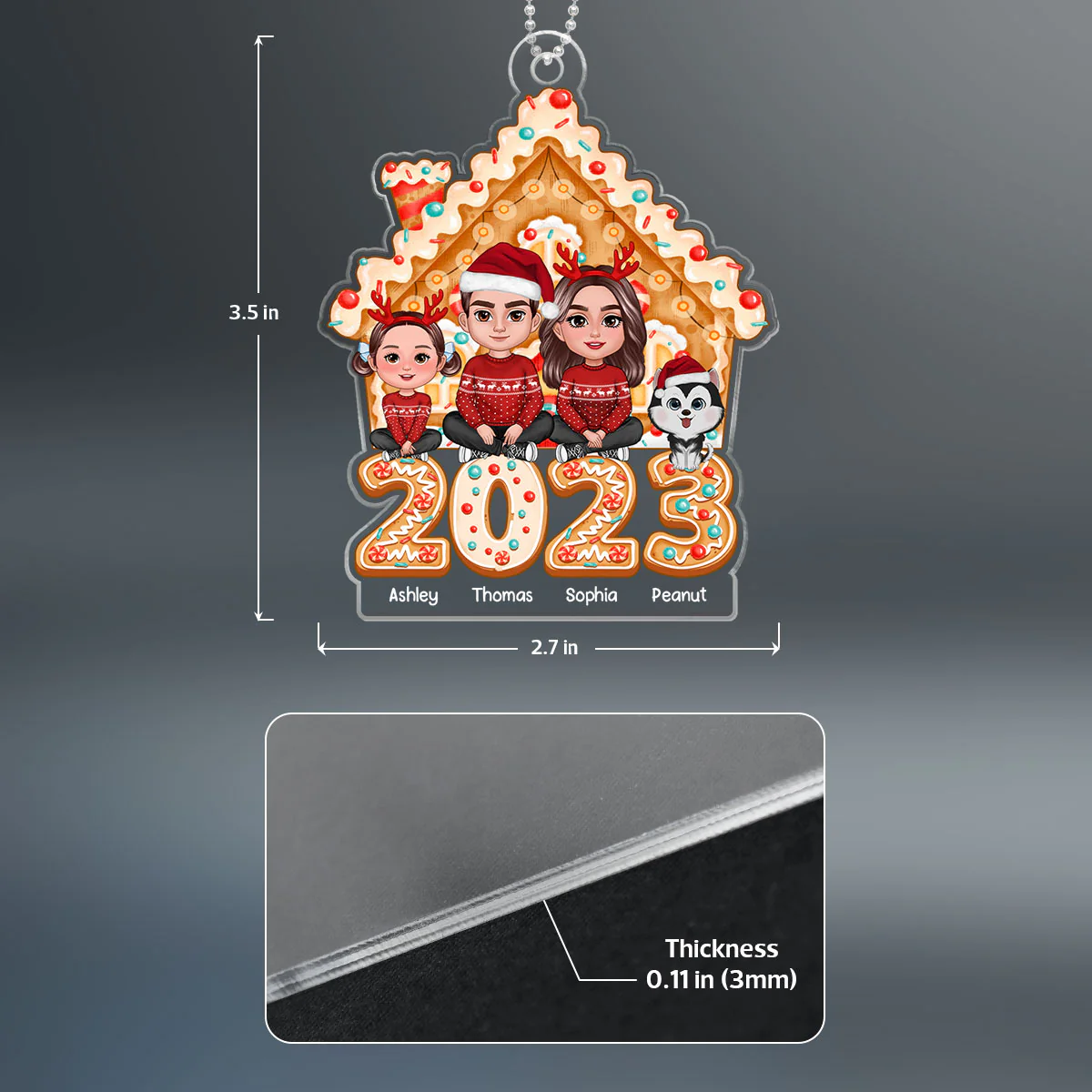 Family Sitting Crossed Legs Gingerbread House 2023 Personalized Acrylic Ornament - Image 4