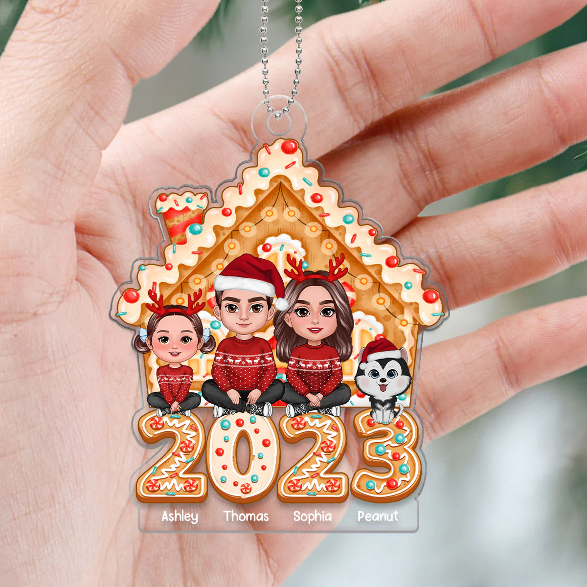 Family Sitting Crossed Legs Gingerbread House 2023 Personalized Acrylic Ornament - Image 5