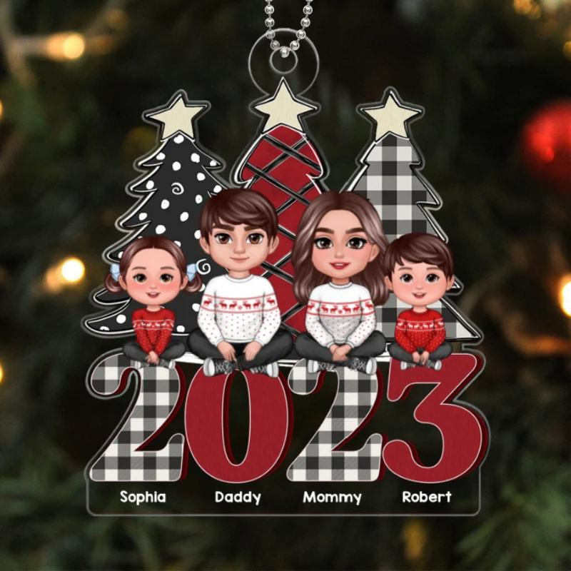 Family Sitting Crossed Legs On Buffalo Plaid Red 2023 Personalized Acrylic Ornament - Image 5