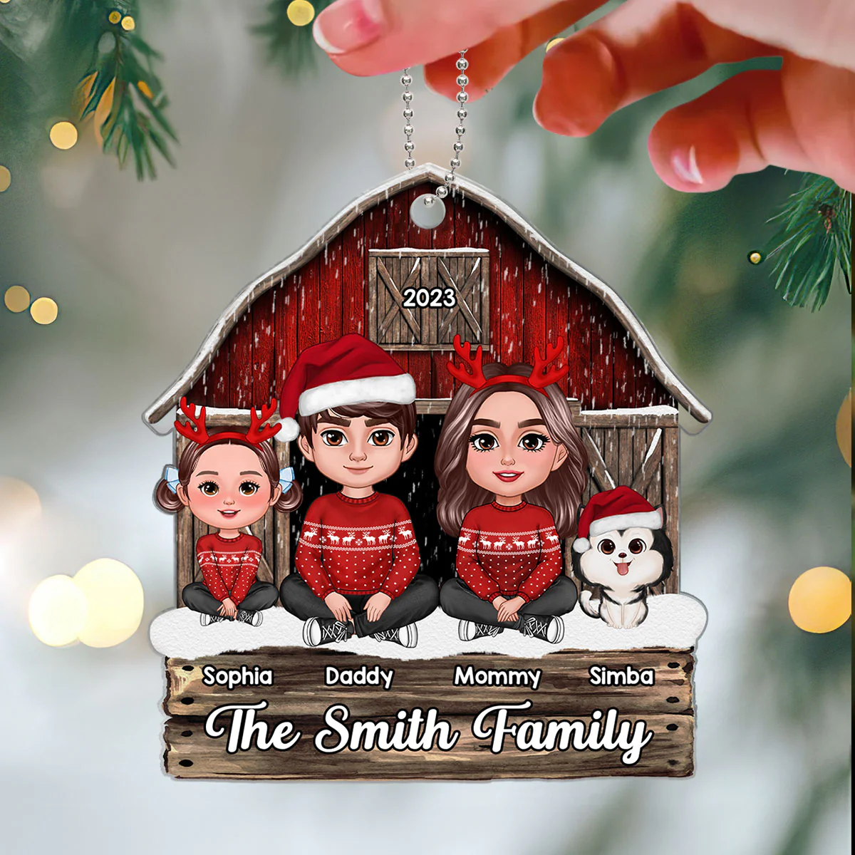Family Sitting Crossed Legs Red Barn Christmas Gift Personalized Acrylic Ornament - Image 3