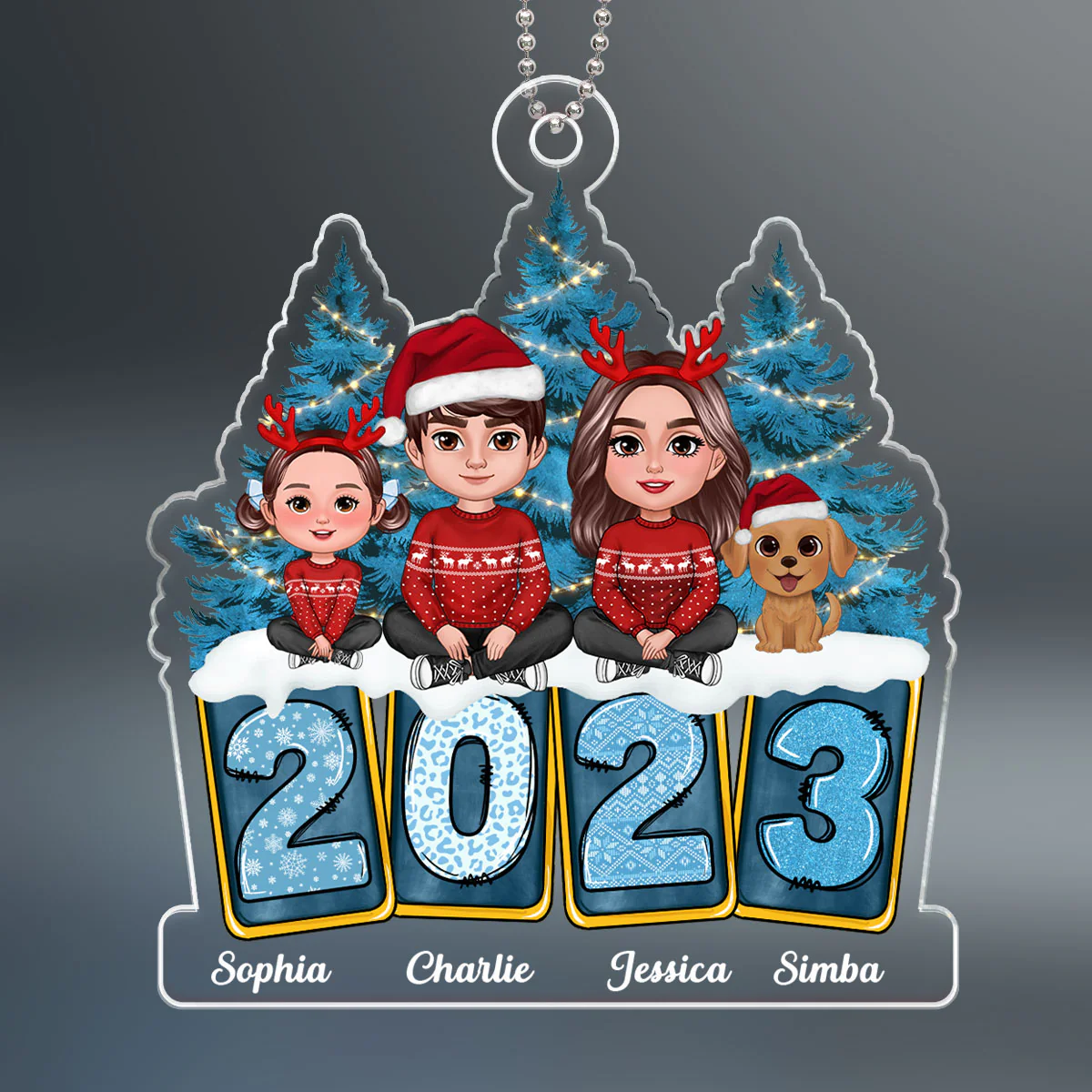 Family Sitting Crossed Legs Winter Vibes Yellow Blue Leopard Christmas Tree 2023 Personalized Acrylic Ornament - Image 2