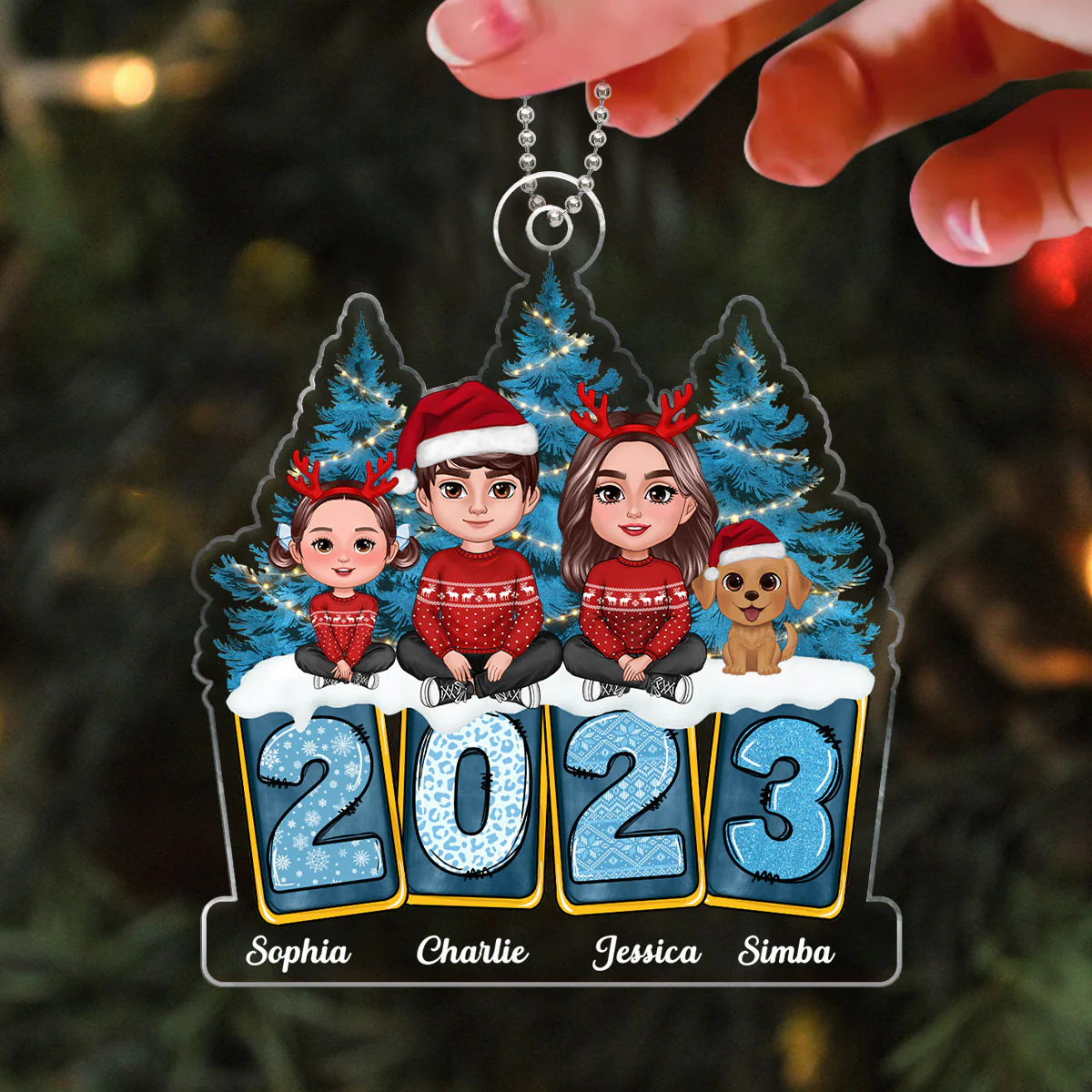 Family Sitting Crossed Legs Winter Vibes Yellow Blue Leopard Christmas Tree 2023 Personalized Acrylic Ornament - Image 3