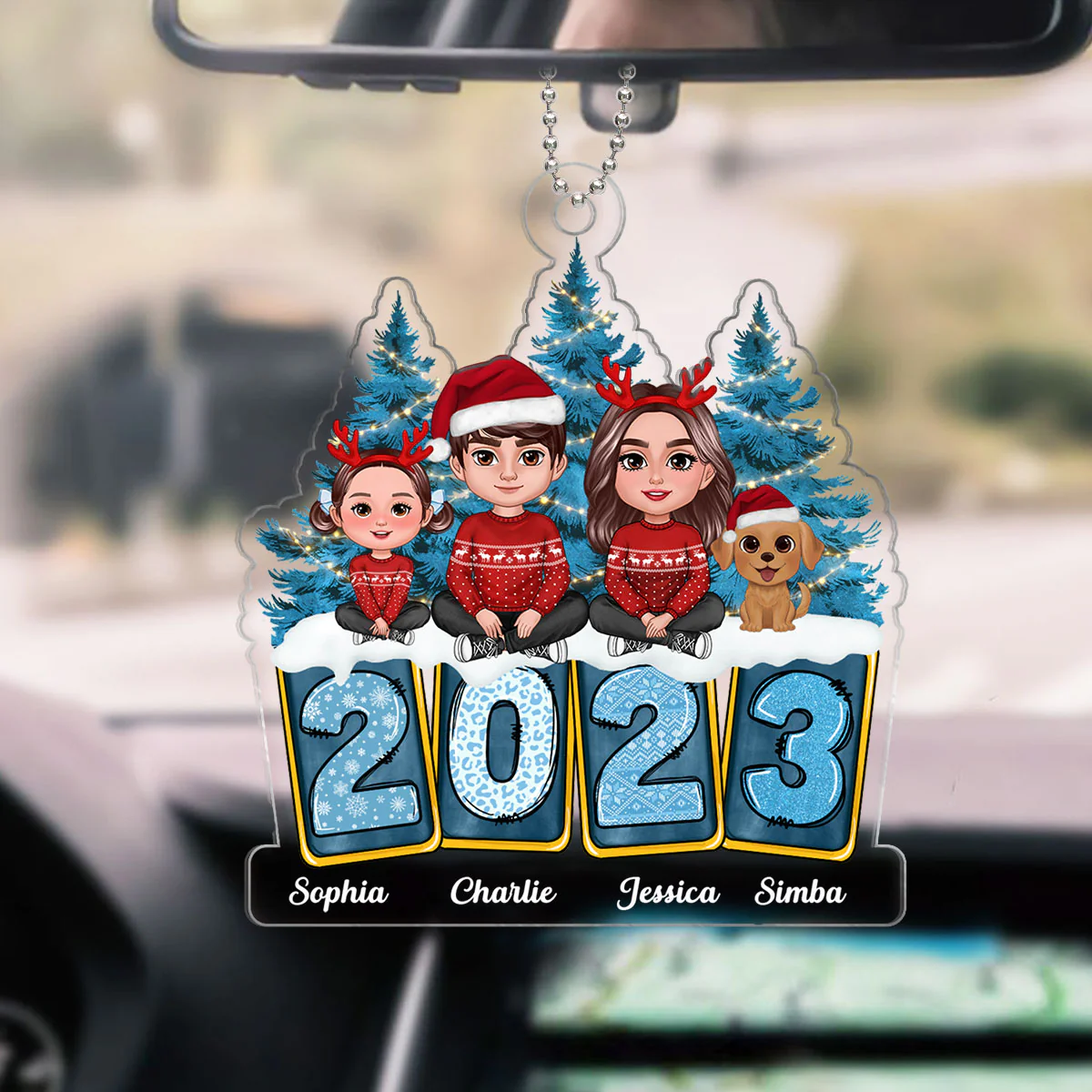 Family Sitting Crossed Legs Winter Vibes Yellow Blue Leopard Christmas Tree 2023 Personalized Acrylic Ornament - Image 4