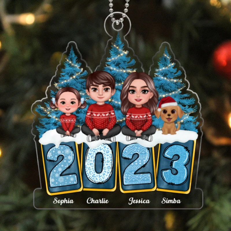Family Sitting Crossed Legs Winter Vibes Yellow Blue Leopard Christmas Tree 2023 Personalized Acrylic Ornament - Image 6